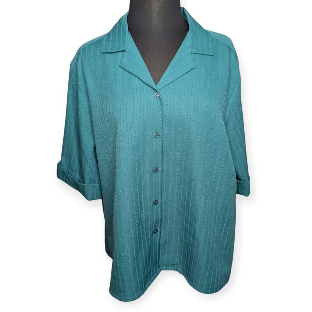 BonWorth Teal Button-Up 3/4 Sleeve Blouse Size Large Petite